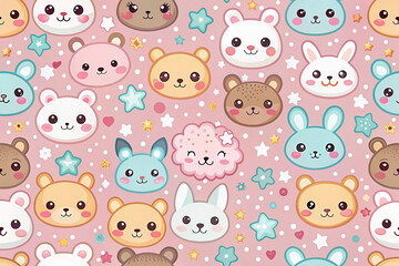 Cute animal faces pattern, pastel pink background, stars, hearts, textile design