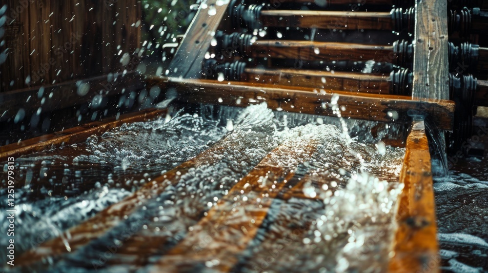 Poster Watermill Wheel in Rapid Motion Creating Dynamic Energy and Visual Splendor