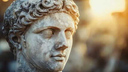 Obraz premium The head of an ancient Greek statue with weathered features, positioned against a clean, minimalistic background, showcasing its historical elegance.