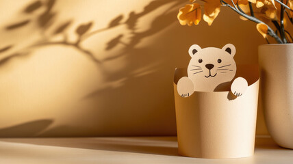 Paper cut-out of bear in cup, with vase yellow flowers and shadow play on wall