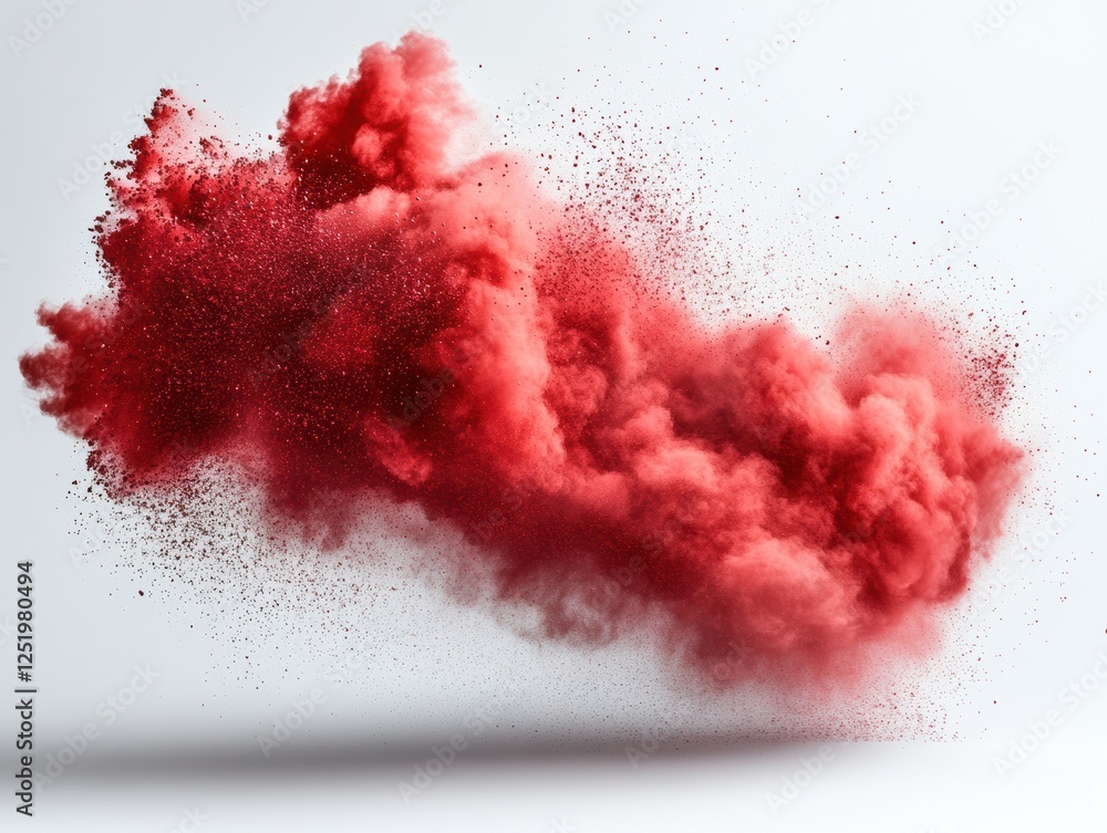 Poster a vibrant explosion of red powder creating a dynamic visual effect.