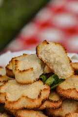 A close-up picture of homemade delicious crunchy cookies. Tasty and healthy snack. Picnic concept. 