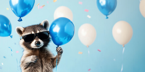 Funny cute raccoon wearing sunglasses holding happy birthday balloons and confetti explosion flying around greeting card on blue background with copy space.