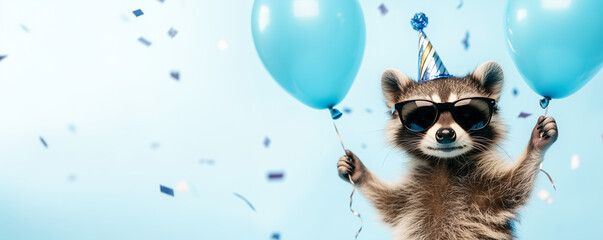 Funny cute raccoon wearing sunglasses holding happy birthday balloons and confetti explosion flying around greeting card on blue background with copy space.