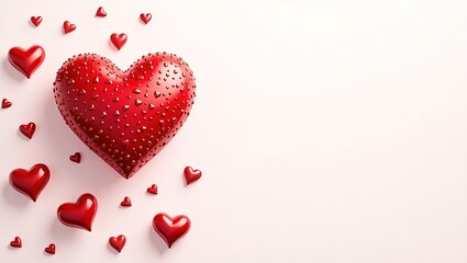 Obraz premium Corazones tridimensionales rojos en fondo blanco ideal para tarjetas de San Valentín personalizadas con espacio para texto