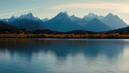 ,Calm water reflecting distant mountains under a sunny sky, creating a serene nature scene perfect for travel brochures, inspirational quotes, and web backgrounds,