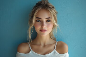 Obraz premium A portrait of a young woman with a serene expression against a blue background.
