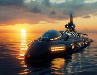 Fototapeta na wymiar Futuristic Submarine at Sunset: A Sci-Fi Seascape