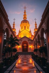 Obraz premium Charming White Church Surrounded by Palm Trees