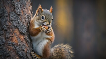 Fototapeta premium Red Squirrel Eating Nut On Tree Trunk
