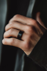 Man wearing elegant black digital technology smart ring on his hand finger.