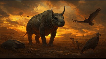 Fototapeta premium Inspirational artwork rhinos facing survival challenges in a vulnerable habitat