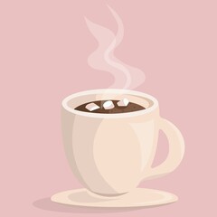 Cartoon white cups of hot cocoa with marshmallows. Hot chocolate. Vector illustration in flat style. Isolated on a light pink background.