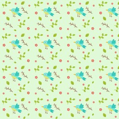 Cartoon pattern of bird, flowers, branch, leaves. Background for postcards, wallpapers, banners, wrapping paper