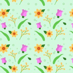 Spring Garden variety flowers hand drawn vector seamless pattern. Mimosa, tulip, narcissus. Cottage core aesthetic floral print for fabric, scrapbook, wrapping, card making