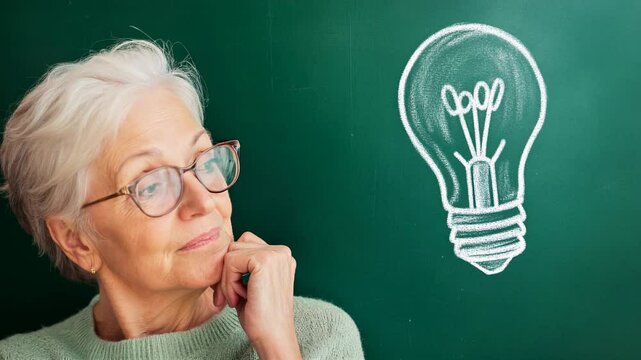 Senior teacher having a new idea looking at light bulb on blackboard