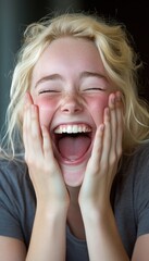 A young girl laughs with her hands covering her face, eyes closed in pure joy.