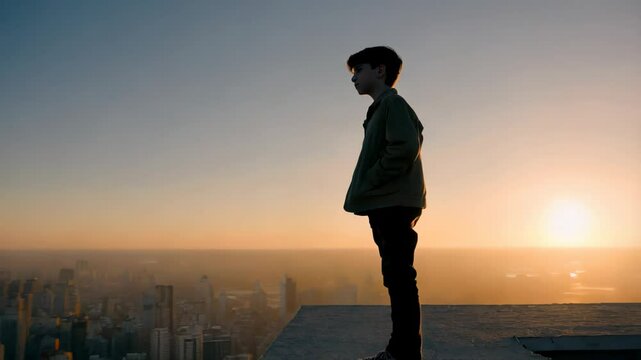 Young man stands on the edge of a rooftop at sunrise, gazing at horizon, evoking themes of solitude, internal struggle, and emotional depth of youth in crisis. Concept of suicide