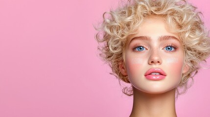 Obraz premium Blonde woman applying cream, pink background, beauty ad