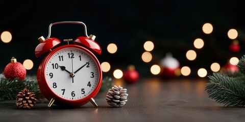 Festive christmas vintage red alarm clock on wooden table with pine cones and ornaments cozy indoor setting
