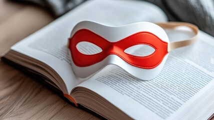 Red superhero mask on open book pages