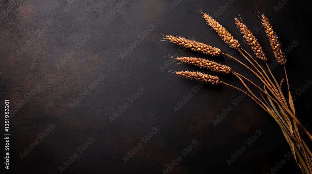 Poster golden wheat stalks arranged on a dark background, creating a rustic and elegant composition.