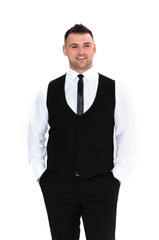 A handsome dark-haired man wearing a business suit, a white shirt on a white background