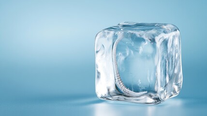 Close-up of silver metal spine frozen inside ice cube against blue background