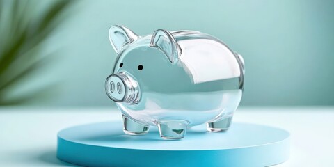 Transparent glass piggy bank on minimal pastel background financial savings concept modern aesthetic studio environment close-up view