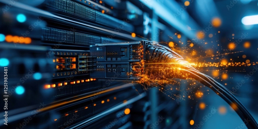 Poster dynamic data transfer in a server room digital network infrastructure high-tech environment close-up