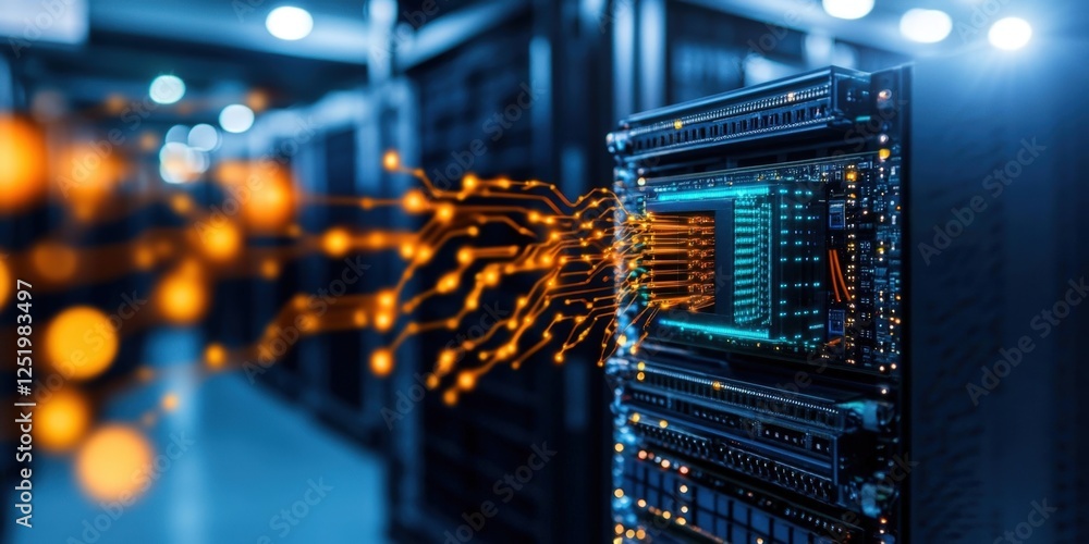 Poster data center infrastructure management server room digital network high-tech environment close-up vie