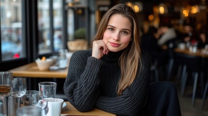 A young woman sits in a cafe, enjoying a moment of quiet contemplation.  Her warm sweater and relaxed posture create a cozy atmosphere.