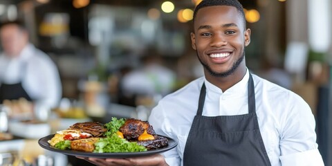 Restaurant waiter serving delicious food modern eatery professional service cozy atmosphere smiling server interaction