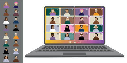 Video call conference, working from home. Colleagues of different nationalities and ages talk to each other on the laptop screen. Isolated illustration on white background in flat style trendy colors