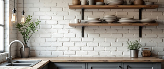 A Rugged Kitchen with White Subway Tiles and Exposed Grout, Paired with Open Shelving Made of Raw Wood
