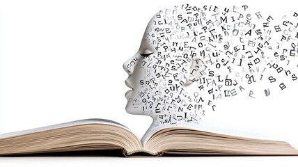 Conceptual image of knowledge and literacy with human face formed by letters emerging from open book