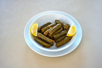 Delicious dolma (sarma) stuffed grape leaves rice, white yogurt sauce. Lebanese dolma sarma on plate. Lebanon turkish greek middle eastern cuisine. (Turkish name; yogurtlu yaprak sarma)