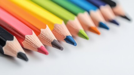 Fototapeta premium Close-up of colorful pencils arranged in row on white surface