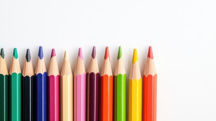 Assorted colored pencils aligned on white background