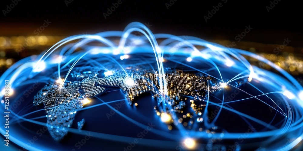 Poster global digital network action interconnected technology systems earth data visualization night view 
