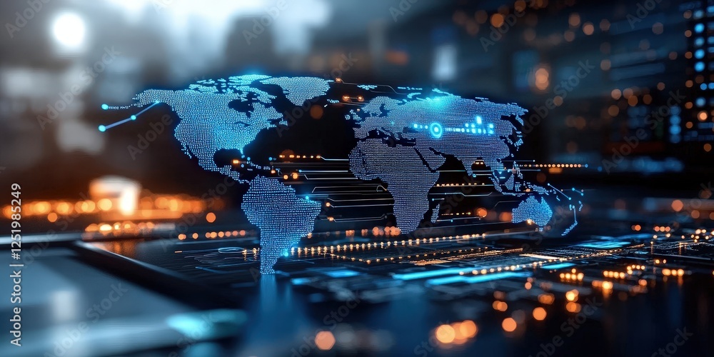 Poster global data network visualization digital world map technology futuristic environment close-up view 
