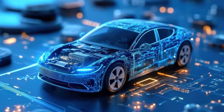 Futuristic electric car showcased with digital technology high-tech environment close-up view innovative concept