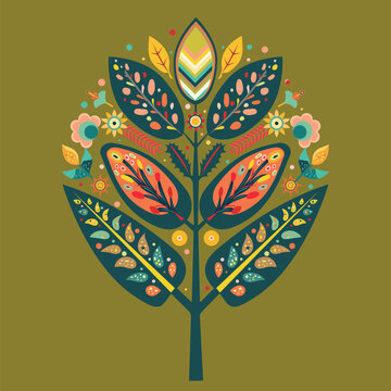 Retro Folk Art Botanical Tree Illustration
