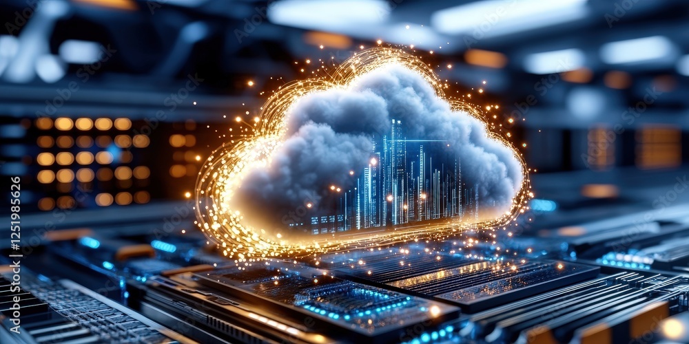 Poster futuristic cloud computing technology transforming digital infrastructure in modern data centers
