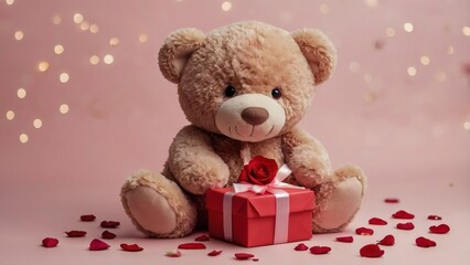 Fluffy Cute Teddy Bear Holding a Heart-Shaped Gift 