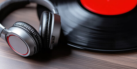Headphones and vinyl record on wooden surface, music