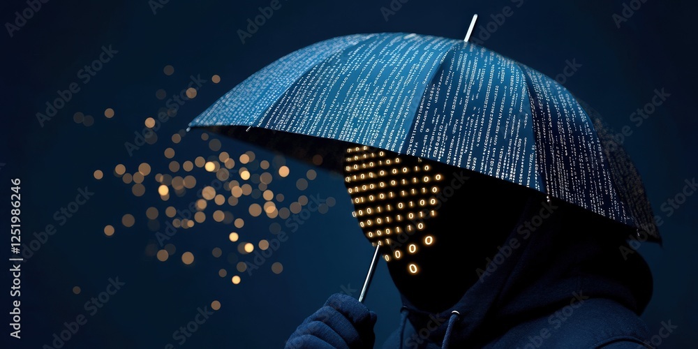 Poster digital security action silhouette of a man with binary umbrella dark environment conceptual photogr