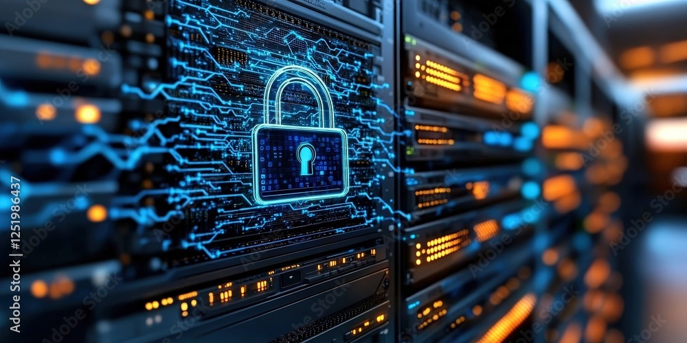 Poster cybersecurity event digital padlock hologram in data center technological environment close-up view