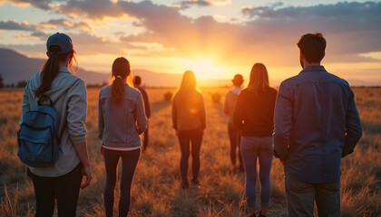 a group of people standing in a field at sunset