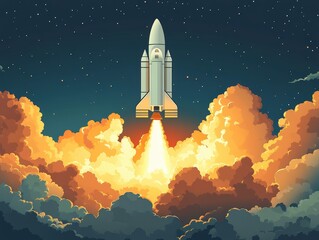 Obraz premium A rocket launching into the sky, surrounded by vibrant clouds and stars.